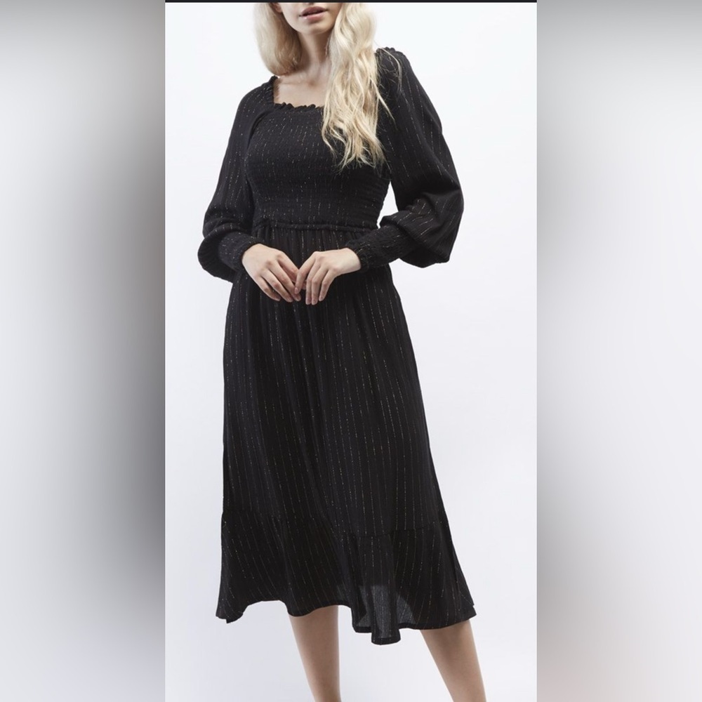 NWT OAT NY smocked black & gold square neck.off shoulder maxi dress ruffle L